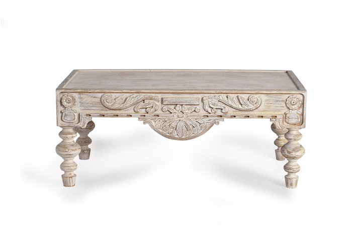 GINER Y COLOMER Table basse en bois de manguier sculptée à la main, style rustique élégant, finition blanc vieilli, 110 x 60 x 46 cm